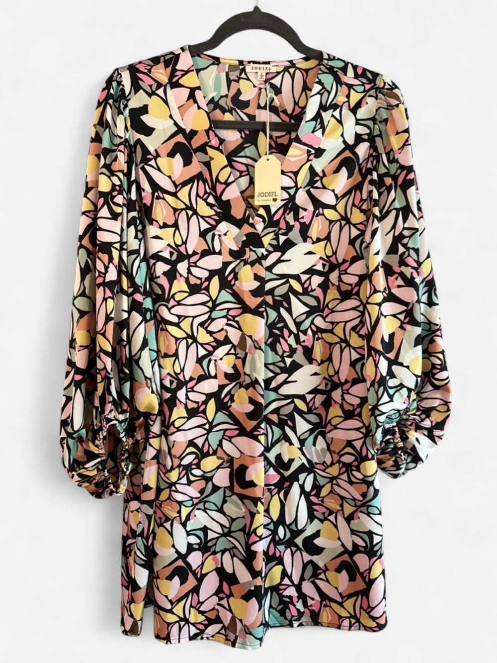 JODIFL Black Multicolor Floral V-Neck Puff Sleeve Dress | Size Small